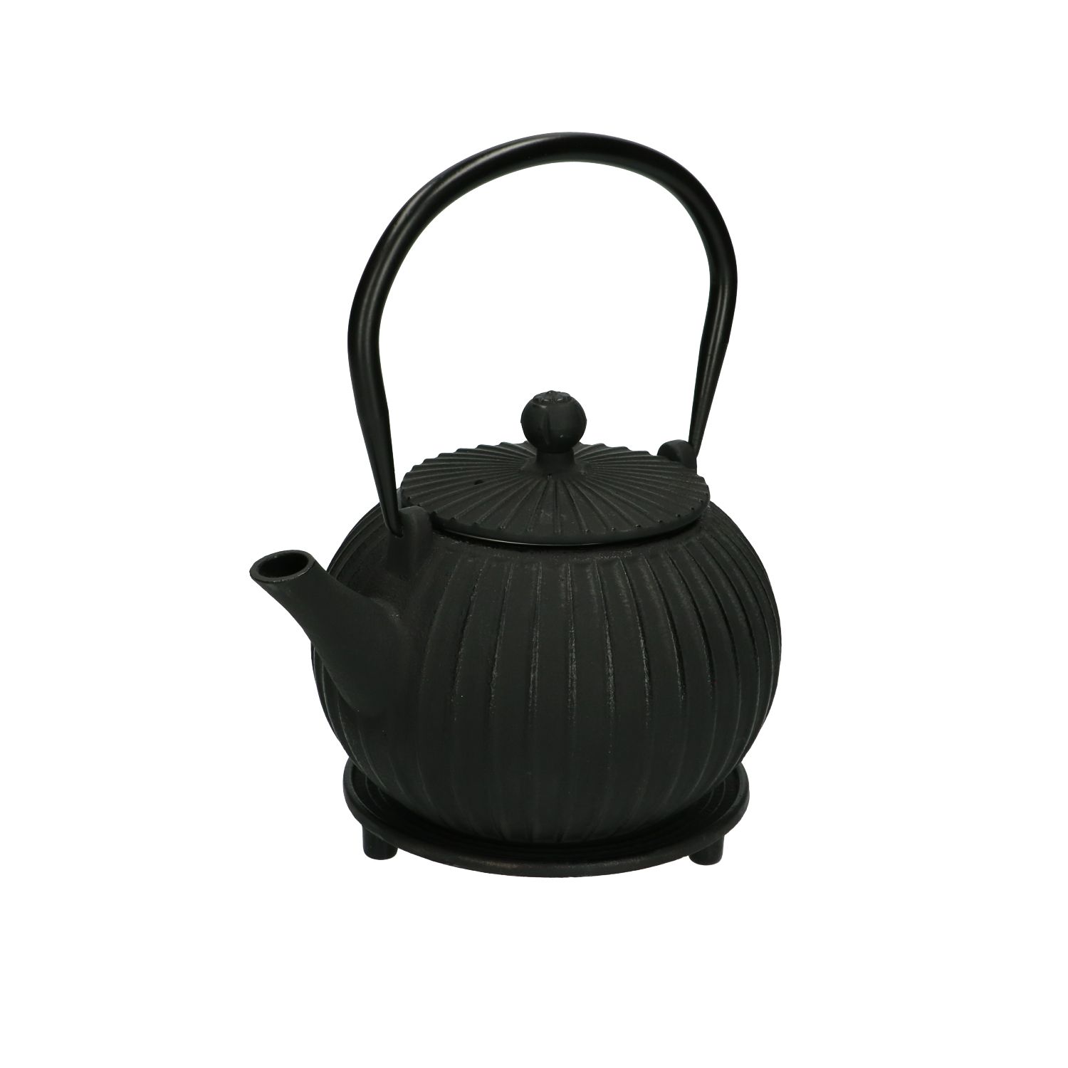 Theepot met onderzetter, gietijzer, zwart