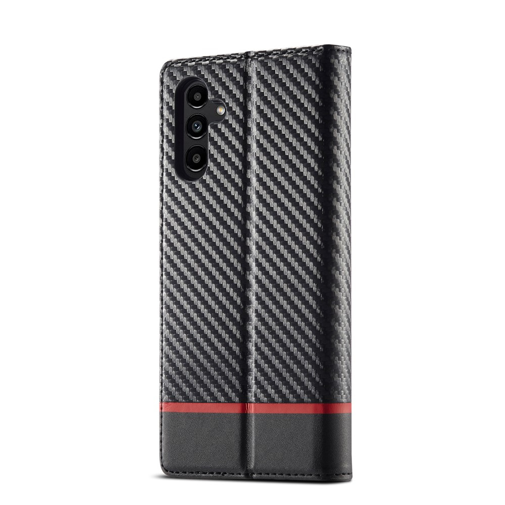 Samsung Galaxy A55 Leder Tasche Flip Cover Carbon Look - Schwarz / Rot