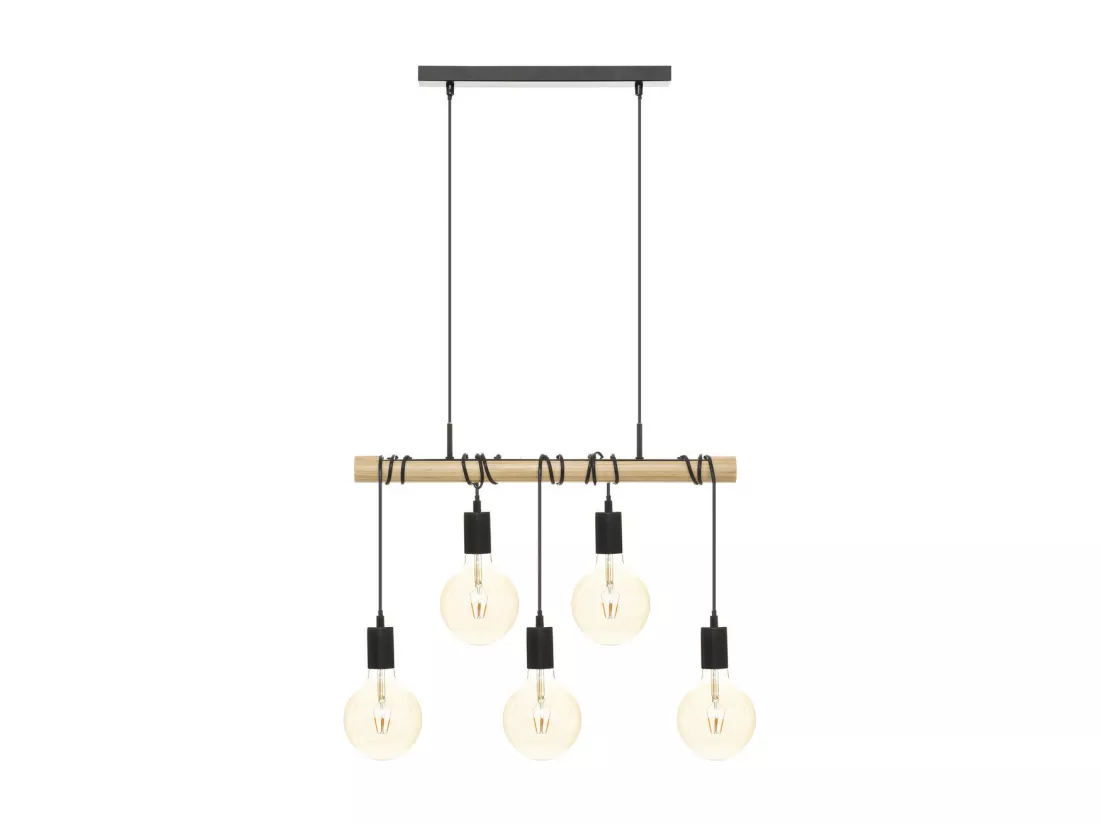 Luminaire Suspension 5 Lampes en Métal Noir et Bois de Pin L 60 cm
