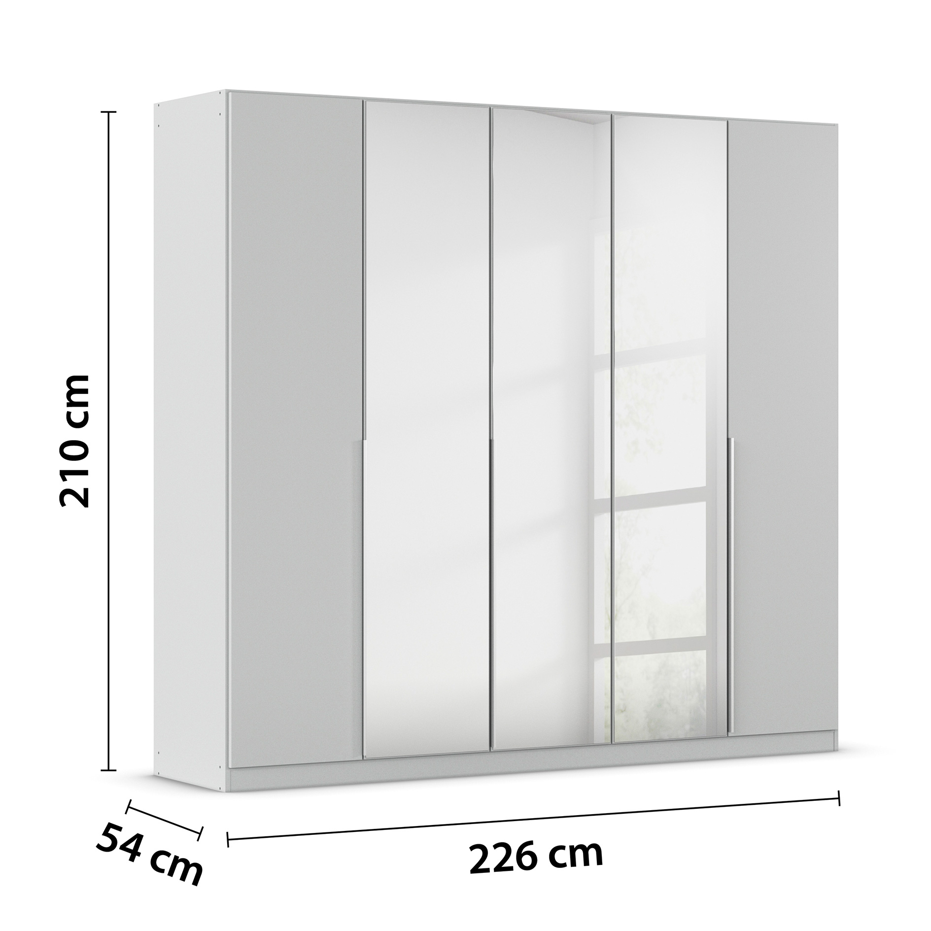 Drehtürenschrank - seidengrau - Kristallglasspiegel - 5-türig - 226x210 cm