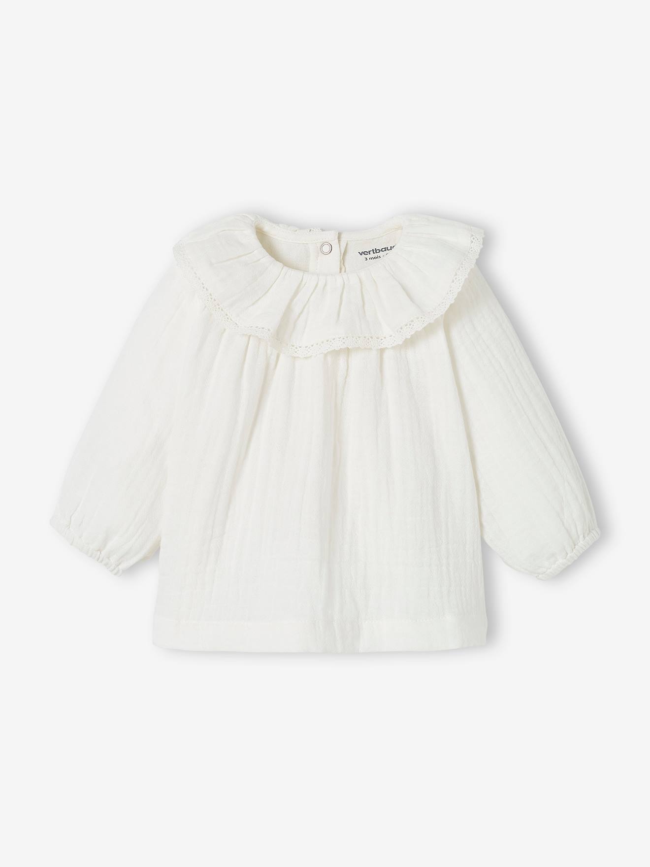 Blusa de chiffon de algodão, gola com babados, para bebê, cor crua
