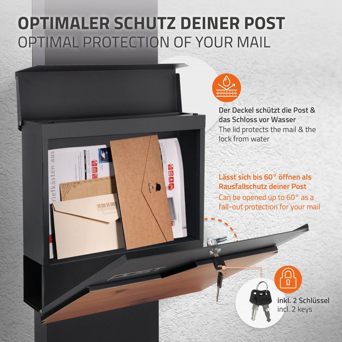 ECD Germany vrijstaande brievenbus met krantenvak, design brievenbus met post, brievenbussysteem, antraciet brievenbusstandaard 170cm roestvrij staal, antraciet houtlook brievenbus, gepoedercoat roestvrij staal