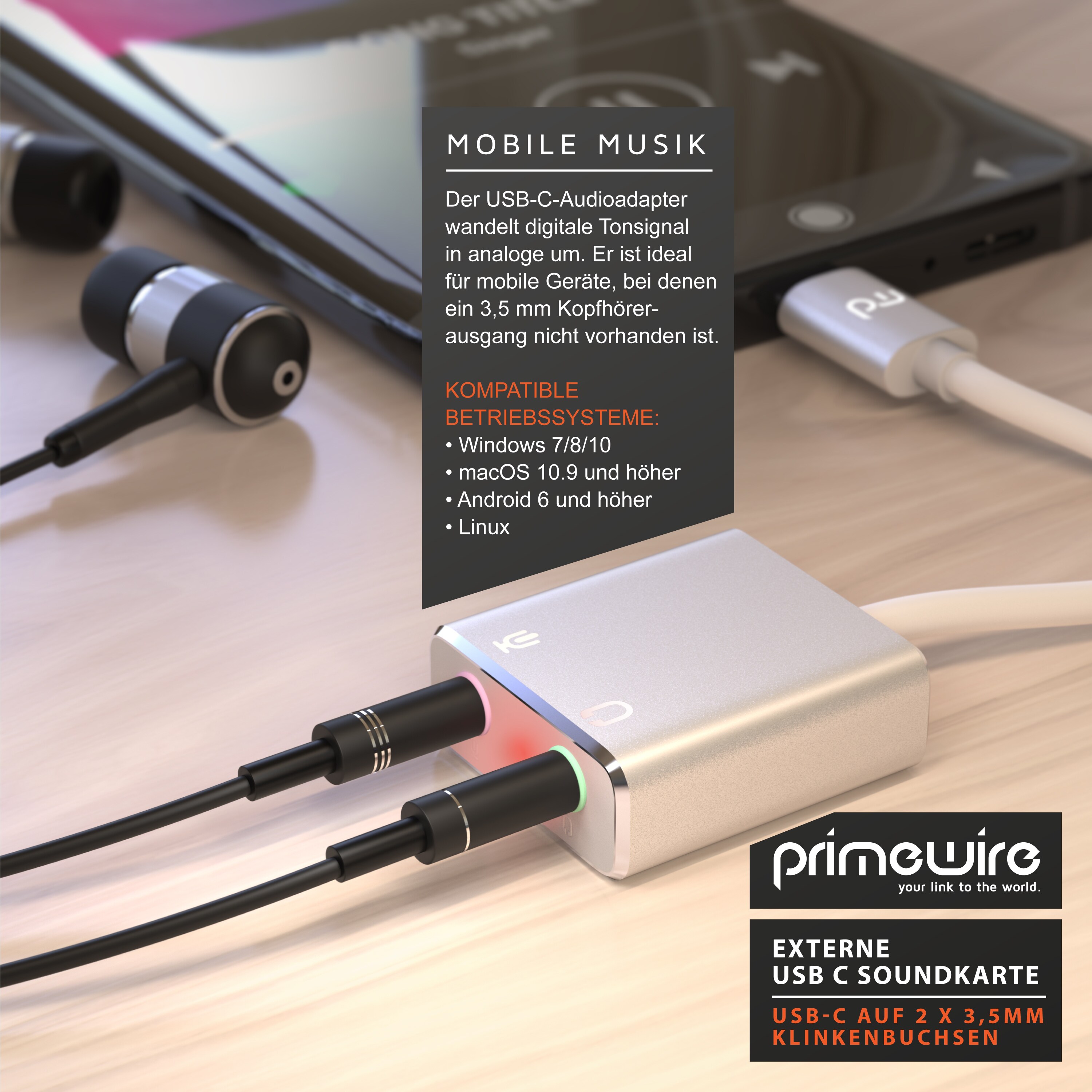 Primewire Externe Soundkarte USB C, USB Typ C auf Klinke 3,5mm, Kopfhörer Adapter, Audio zu USB Adapter, DAC, kompatibel mit Samsung, Huawei UVM.