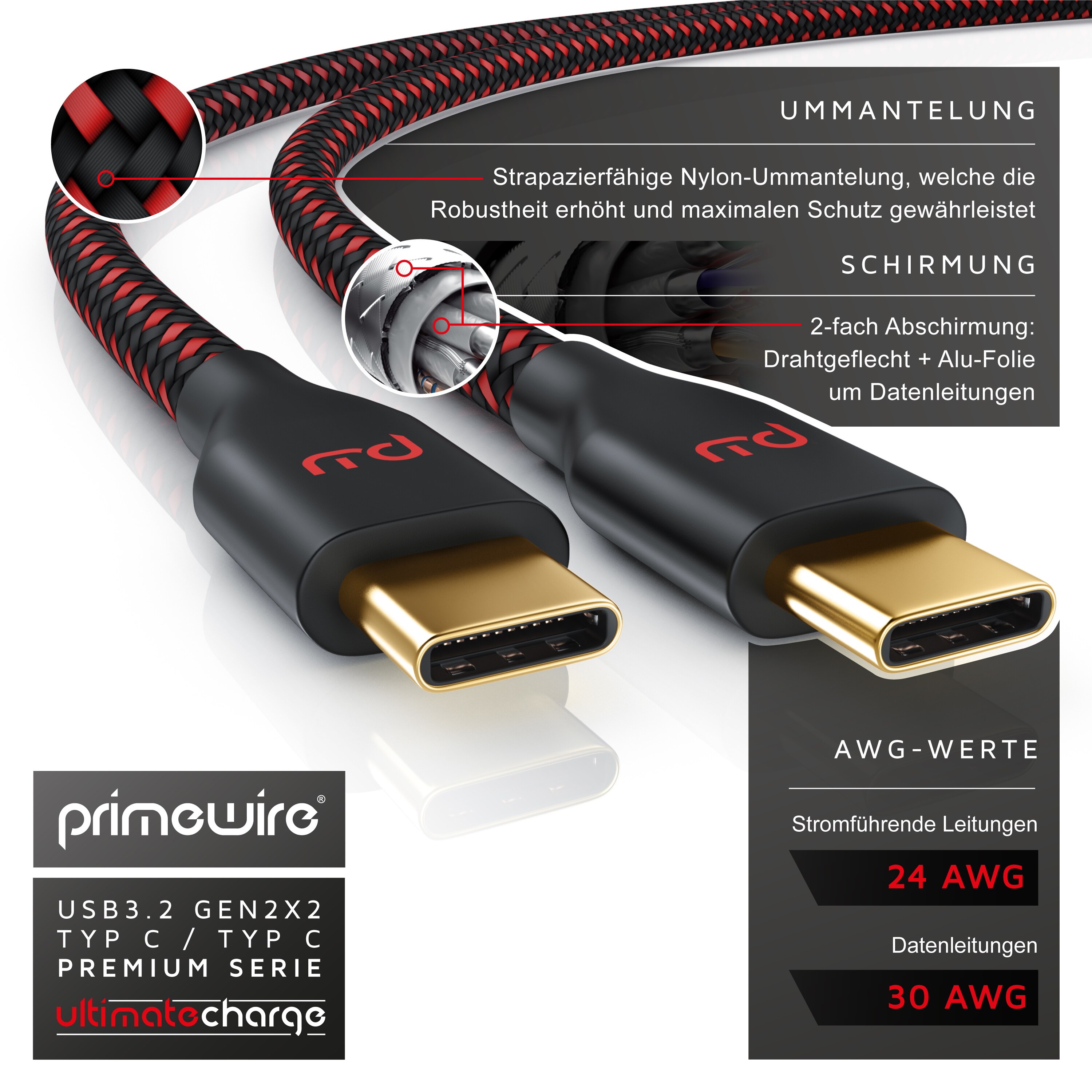 Primewire USB-C 3.1 zu USB C Gen 2 Kabel / Ladekabel / Datenkabel für Smartphone, Tablet - 1m