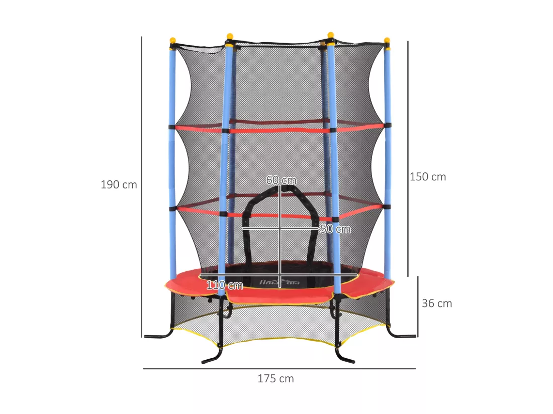 Trampoline de jardin enfant Ø 1,75 x 1,90H m filet de sécurité porte zipée couvre-ressorts + 6 poteaux rembourrés inclus rouge bleu noir