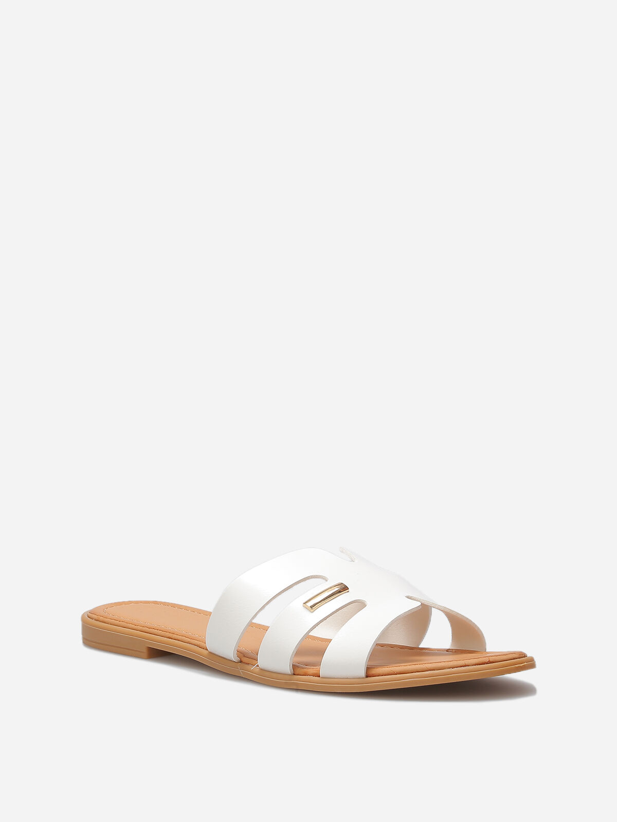 Mules plates en simili à détail métallique- Blanc