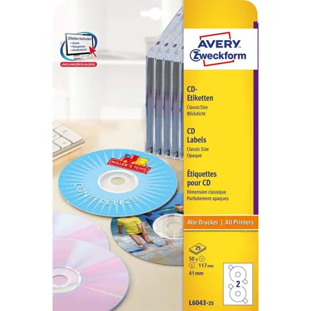 Avery Zweckform L6043-25 CD-Etiketten ClassicSize,A4 Ø 117 mm, 25 Bogen/50 Etiketten, weiß