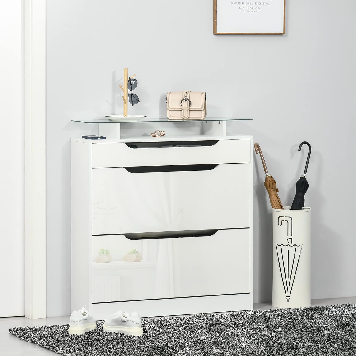 HOMCOM Armoire à Chaussures avec 2 tiroirs rabattables + 1 tiroir Coulissant + 1 comptoir et 1 Plateau en Verre étagère réglable sur 2 Niveaux 89 x 23 x 96 cm Blanc RU5141001