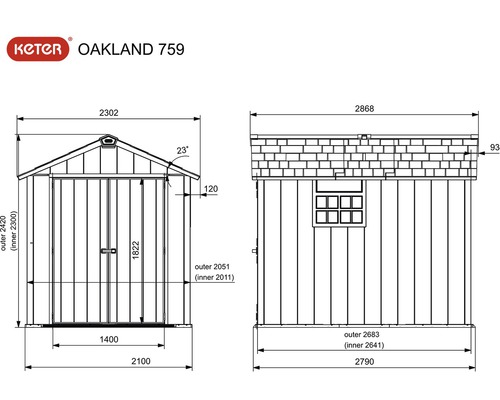 Keter Oakland 759 kunststof tuinhuis met vloer, 229 x 287 cm, grijs