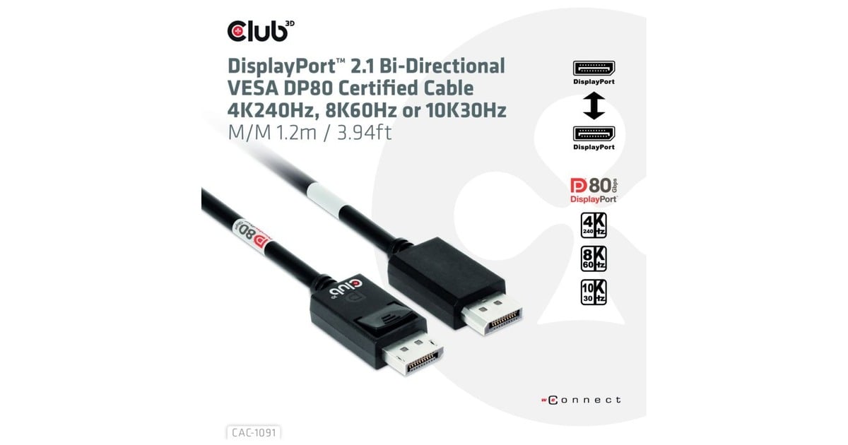Club 3DDisplayPort 2.1 Bi-Directional VESA DP80 Certified Kabel 4K 240 Hz  (Zwart, 1,2 meter)