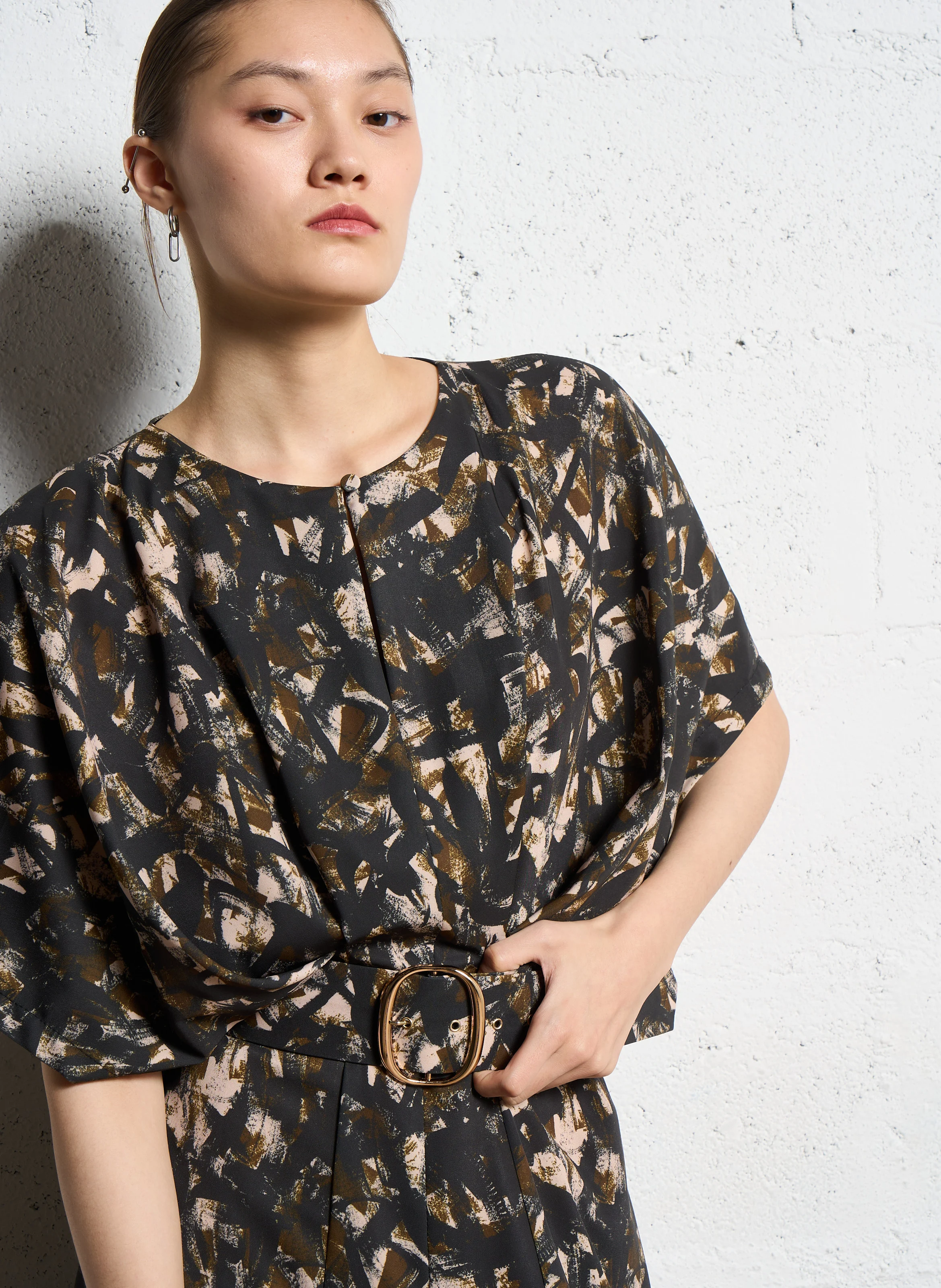 Robe midi col rond imprimé | Multicolore