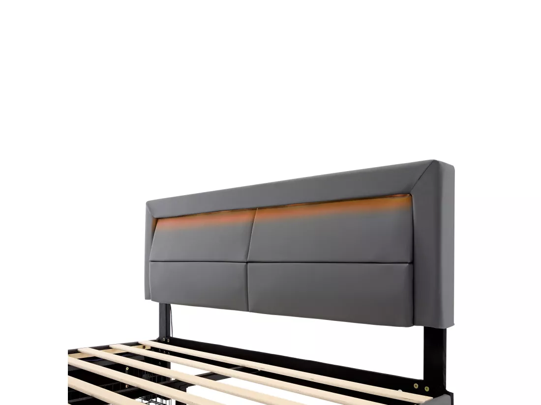 Lit rembourré 140 x 190 cm avec port USB (supporte le chargement sans fil et filaire), avec éclairage LED et quatre tiroirs de rangement, gris
