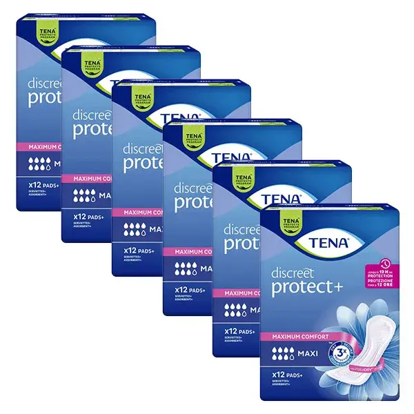 Absorventes higiênicos TENA Discreet Maxi, pacote com 6 unidades de 12 unidades.