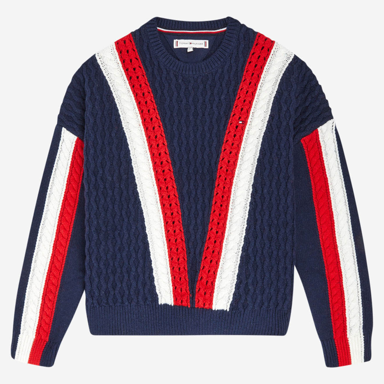 Tommy Hilfiger Pull en Maille bande V marine/rouge/blanc