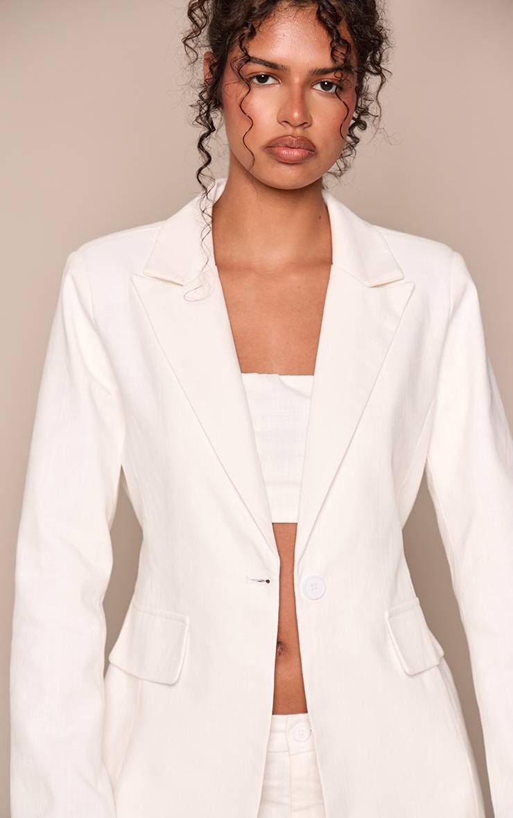 Blanc Blazer Tailleur Effet Lin Ensemble Coordonné