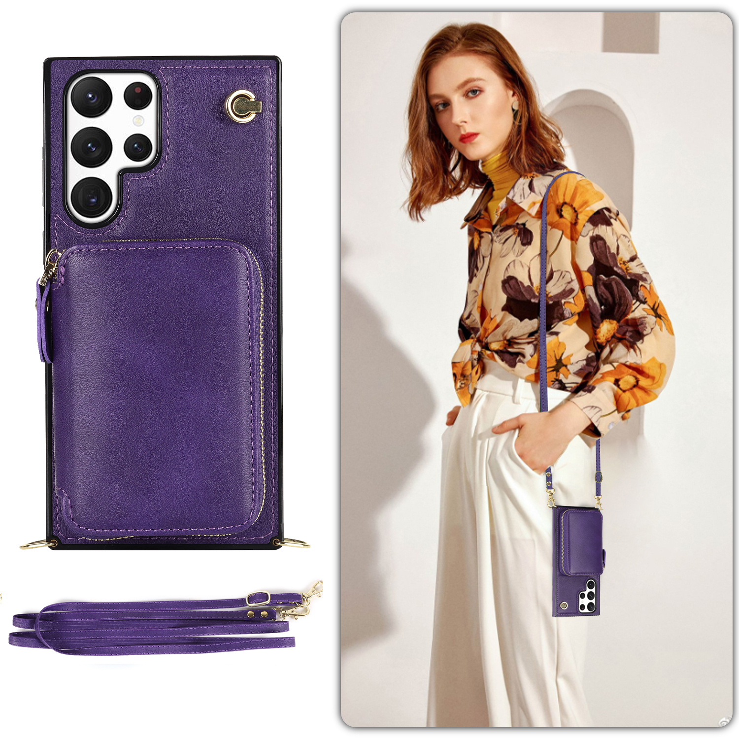 Samsung Galaxy S23 Ultra 5G Necklace Leder Schutz Hülle mit Kartenfächer   Handykette (140cm) - Violett