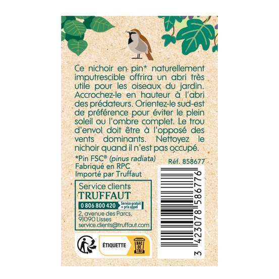 Nichoir Cocon en pin naturel pour mésanges - L.15 x l.15 x H.16 cm
