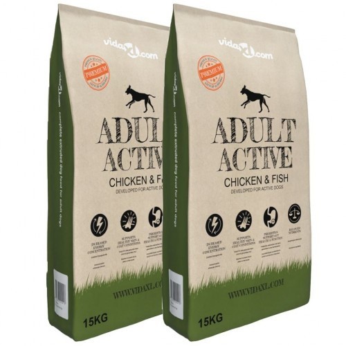 Ração seca premium para cães adultos ativos, sabor frango e peixe.