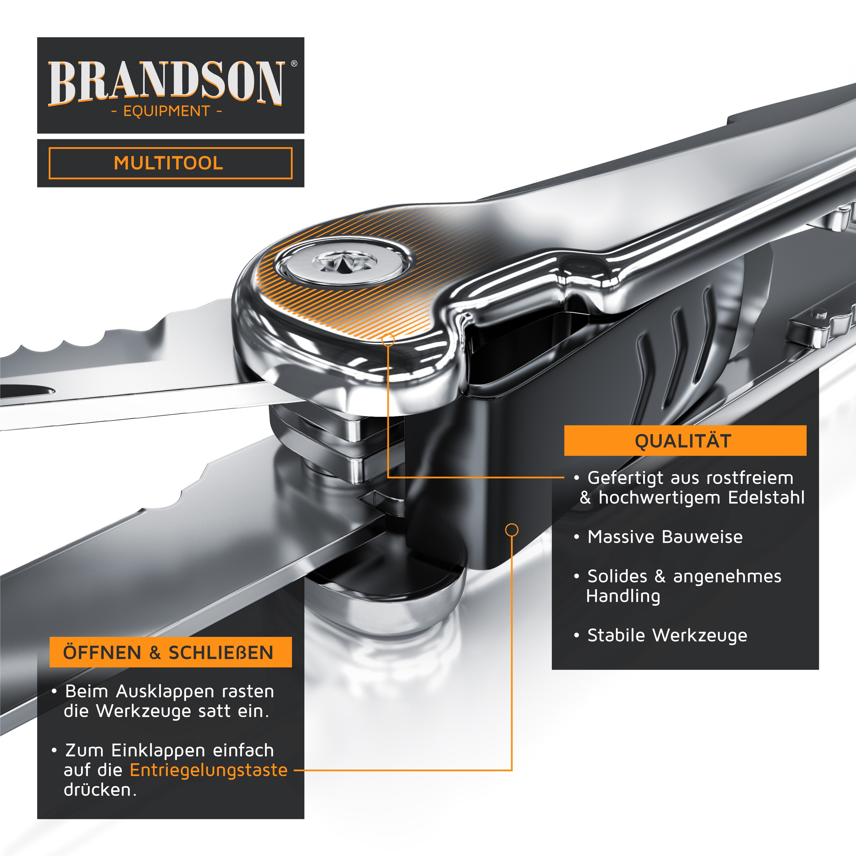Brandson Multitool 13 in 1 - Multifunktionswerkzeug 10,5 cm - Zange Säge Messer Kartonöffner Feile Drahtschneider Flaschen- und Dosenöffner