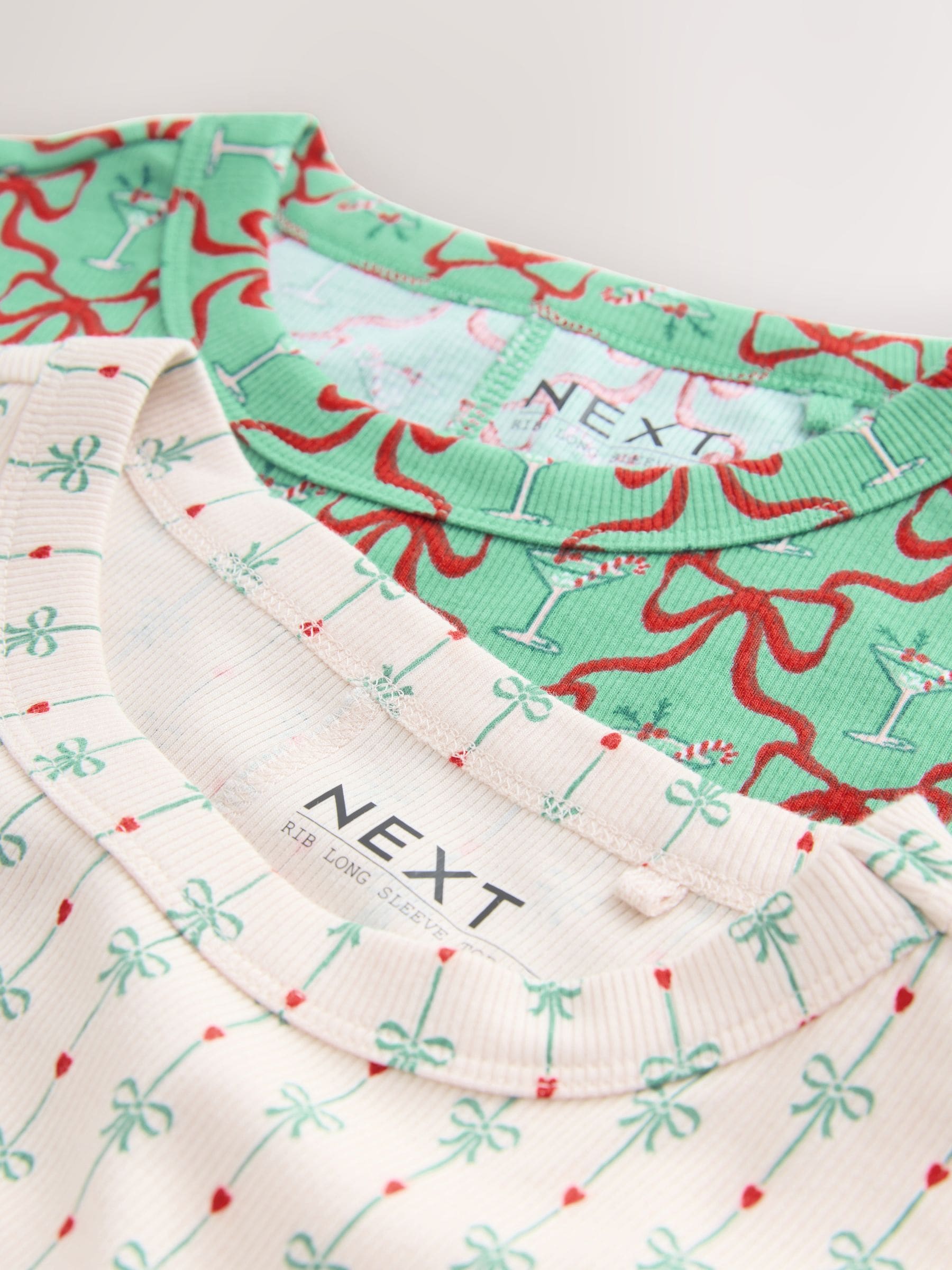 Groen/ecru - Set van 2 kerst ribtops met strik en lange mouwen