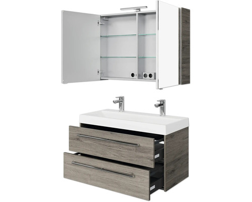 Badkamermeubelset Pelipal Milano (B x H x D): 100 x 200 x 45 cm, frontkleur: Sanremo eiken, met dubbele wastafel van wit gegoten mineraal (SET-138-046)