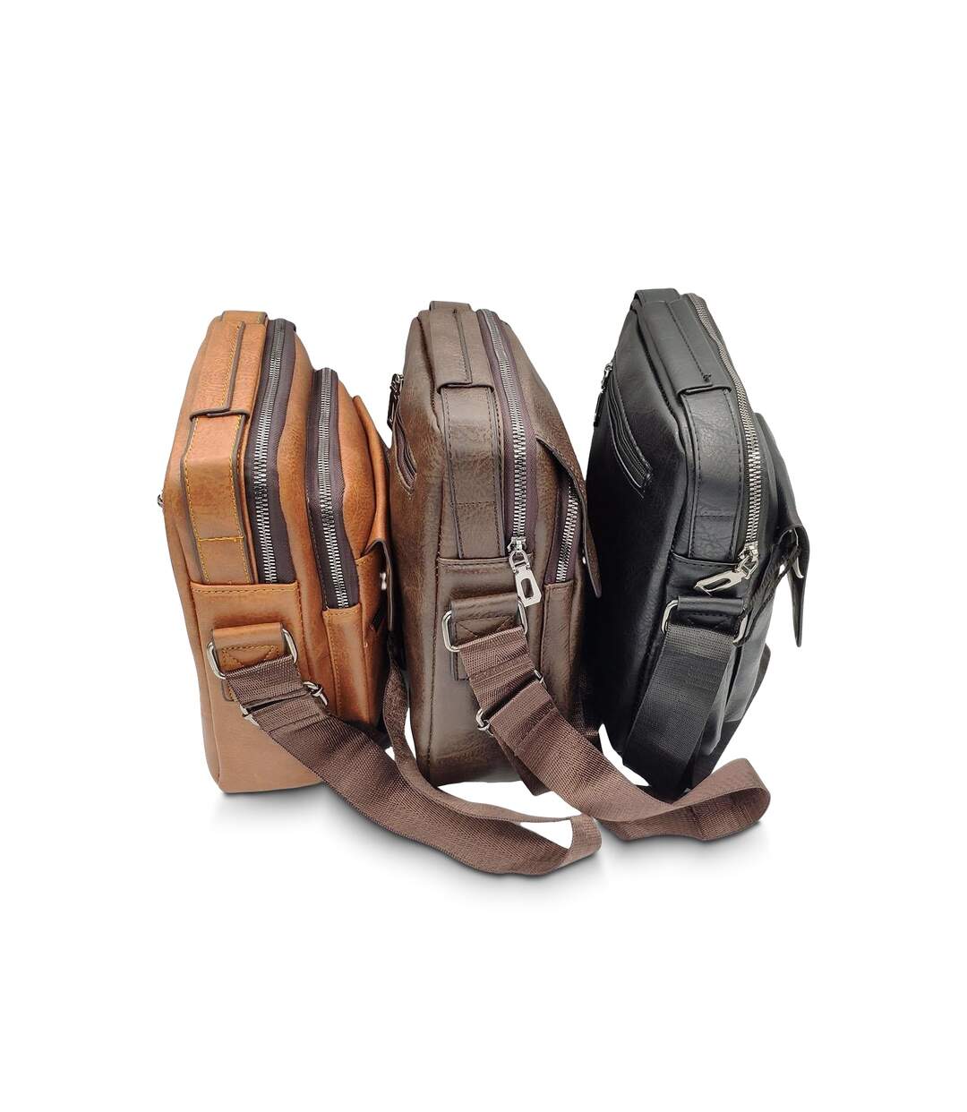 Sacoche bandoulière pour homme avec rabat multi poches  - PVC vieilli - couleur noir.