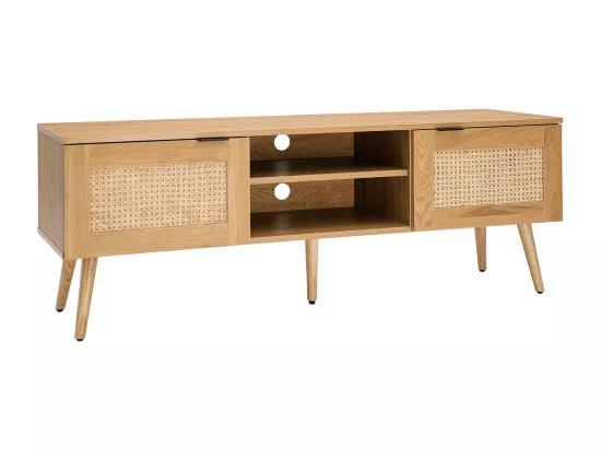 Meuble TV finition bois clair, cannage rotin et métal noir 2 portes L140 cm MANILLE