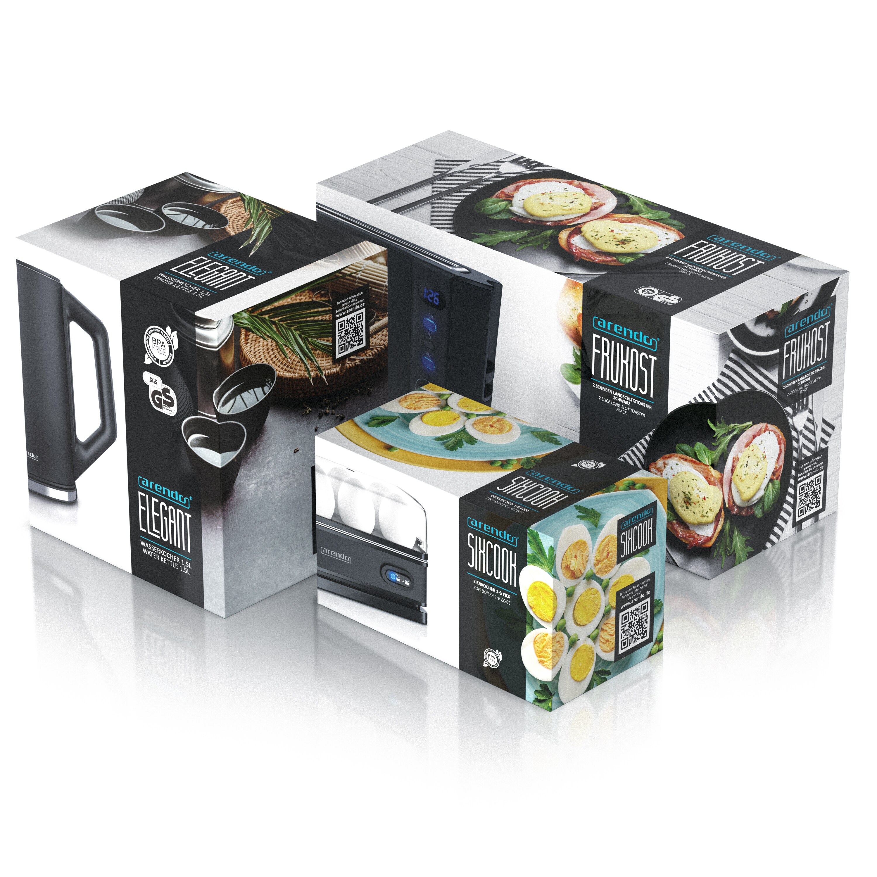 Arendo Frühstücks-Set Wasserkocher 1,5l, 2-Scheiben Toaster, 6er Eierkocher, Schwarz