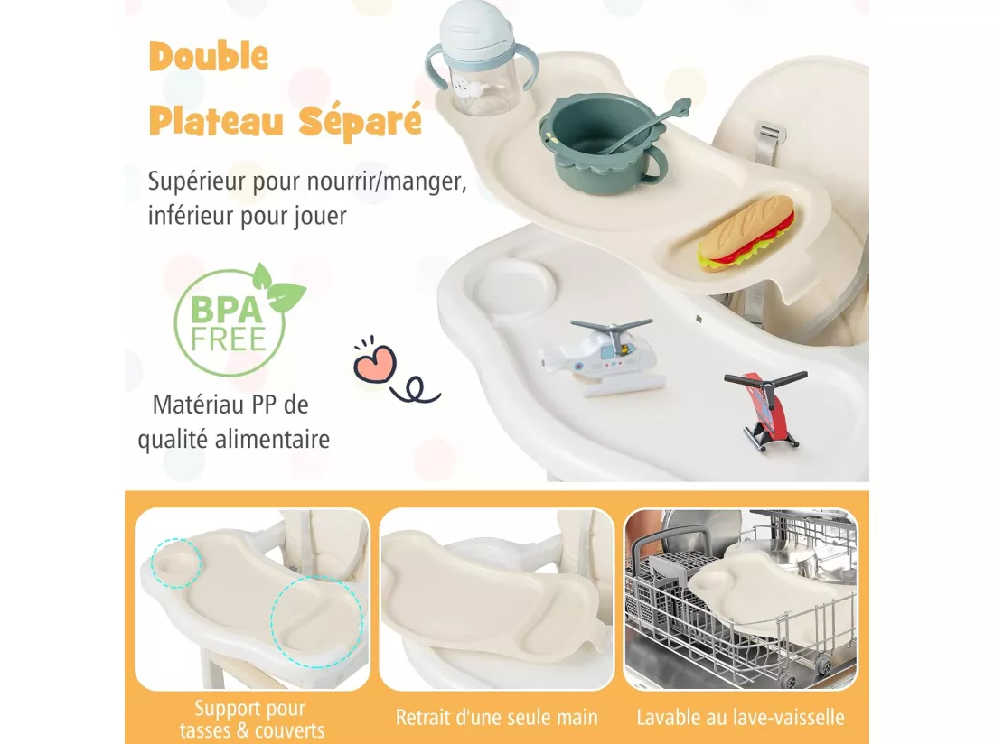 3 en 1 Chaise Haute Bébé Convertible avec Plateau Réglable, Chaise d'Alimentation Bébé avec Dossier à 3 Niveaux, Coussin de Siège, Harnais 5 Points, Charge 20KG, 6-36 Mois Beige