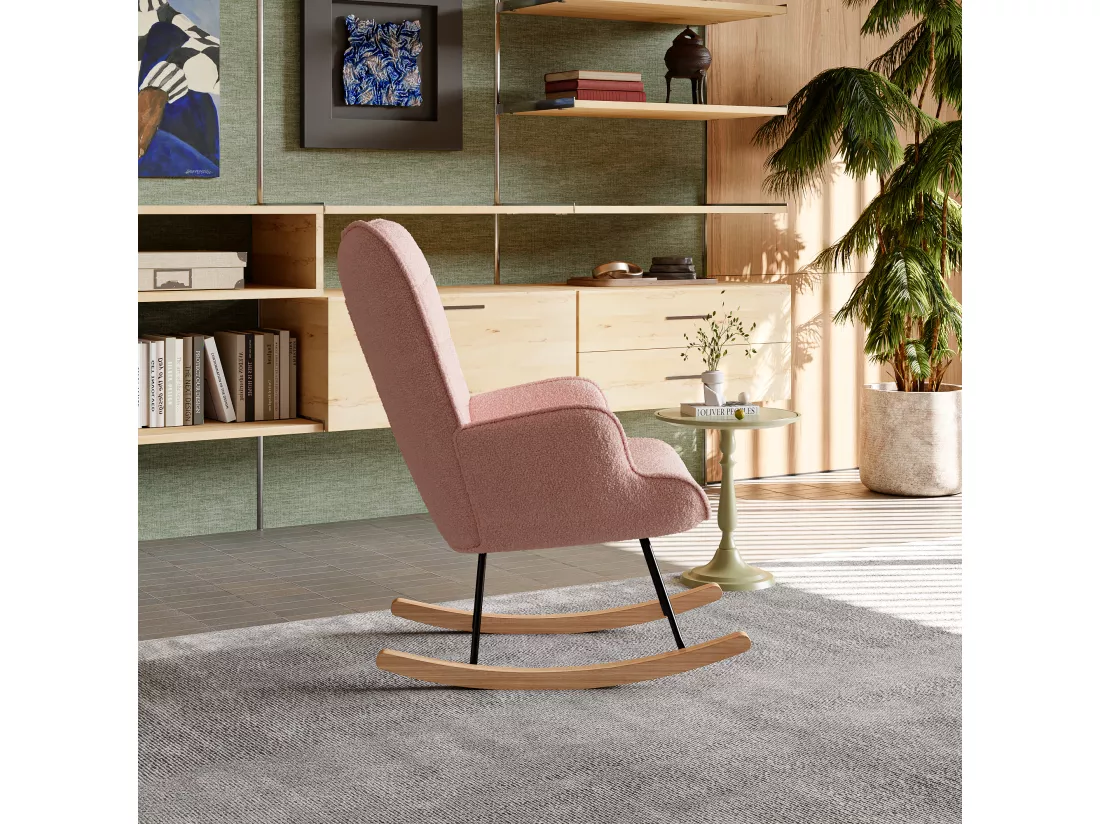 Fauteuil de salon, rocking chair, motif à carreaux, tissu rosa et pieds en hêtre, 68 x 75 x 92 cm