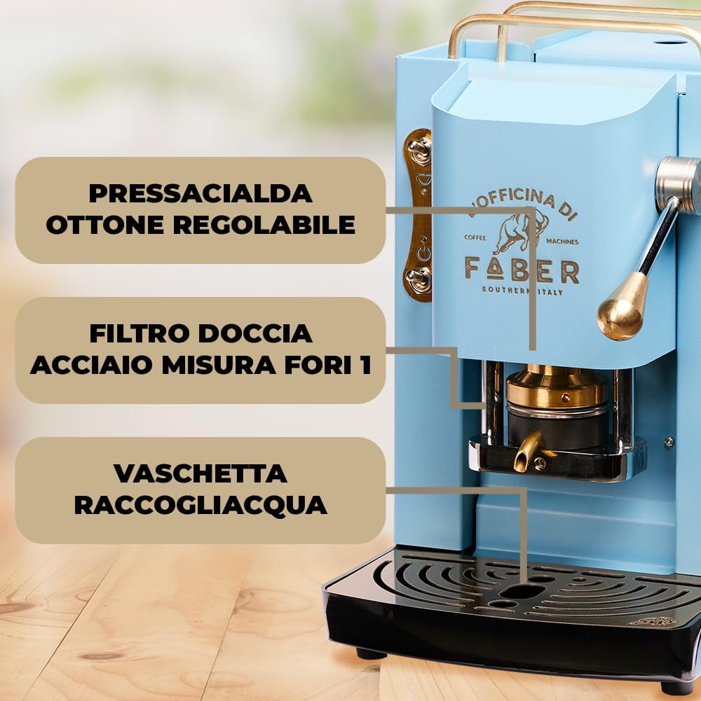 FABER COFFEE MACHINES | Modèle Pro Total Inox Deluxe | Machine à café à dosettes ese 44mm | Pressacialda en laiton réglable | électrovanne de série (laiton)