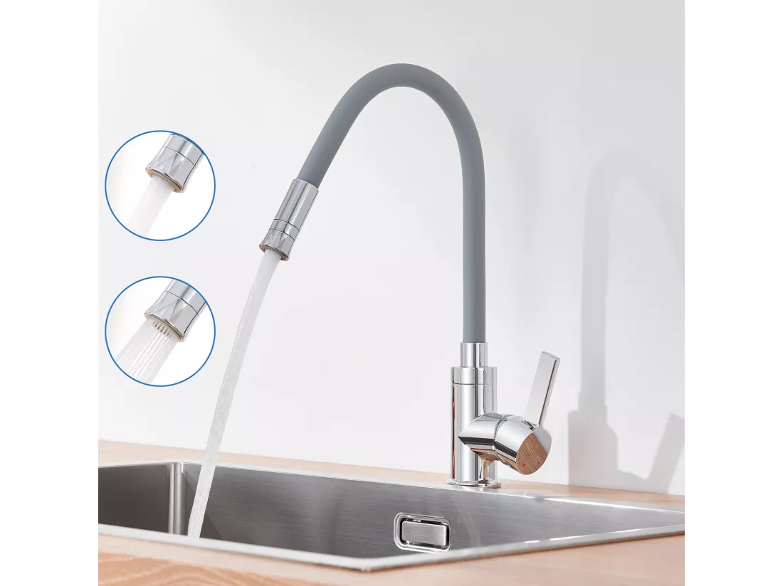 Mitigeur de Cuisine avec Tuyau En Silicone Flexible Déformable Robinet d'Evier avec 2 Types de Jets,Robinetterie Cuisine pivotant à 360°-Gris