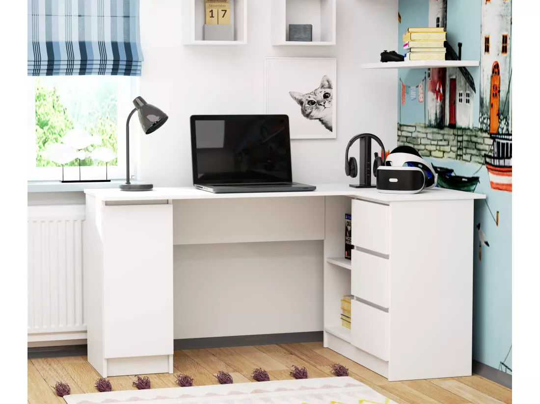 Grand bureau d'angle AKORD droit B20 Blanc 155 cm 1 porte 3 tiroirs façade Blanche 4 étagères 155x85x77 cm