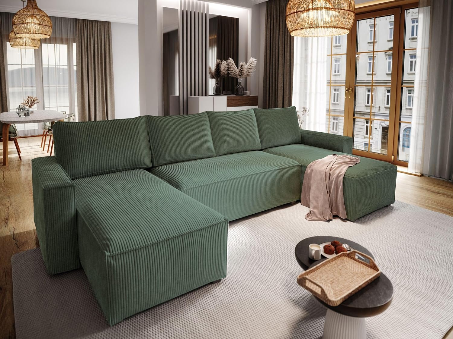 Masseno Ecksofa ASPRA mit Schlaffunktion U-Form, Sofa mit Bettkasten, Wohnzimmersofa, Couch, Soffa, Bettsofa, Couchgarnitur- Grün, POSO 14