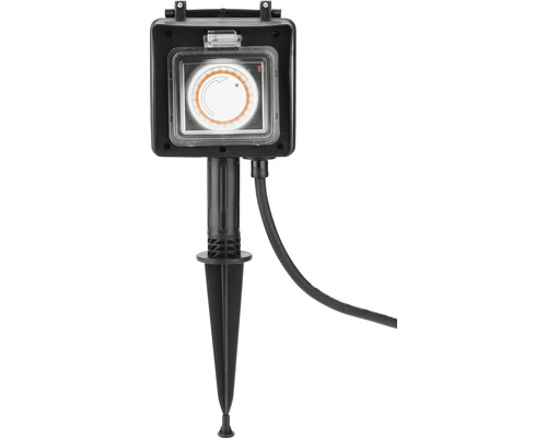 Tuinstopcontact met timer + grondpen, 2-voudig, IP44, 1,5 m kabel, zwart, tot max. 3680 watt