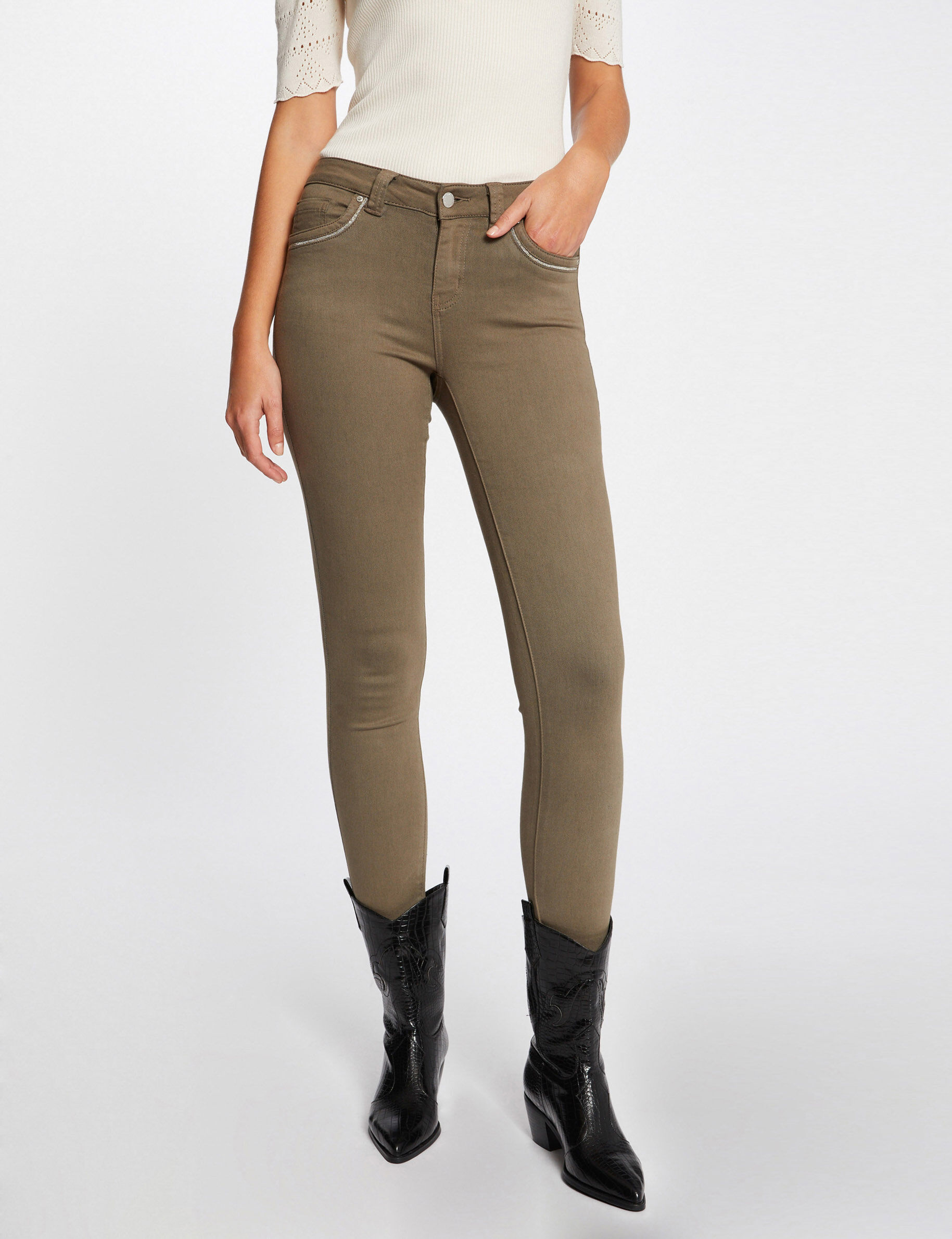 Pantalon slim avec détails bijoux vert kaki femme - vert_kaki