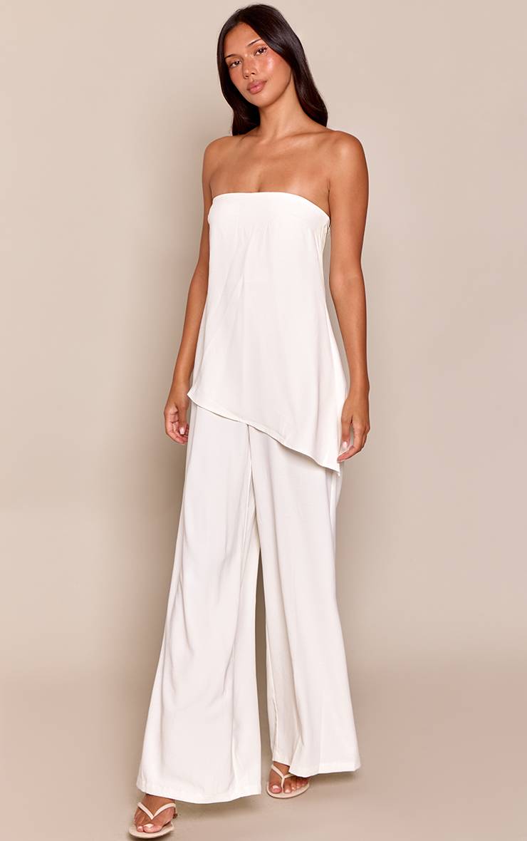 Crème Combinaison Pantalon Large À Superposition Bandeau Texturée Tissée
