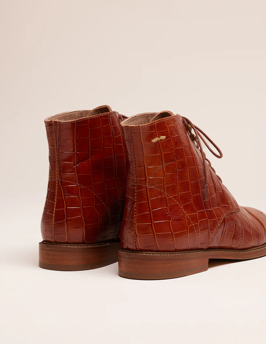Bottines à lacets Lucienne - Cuir croco cognac