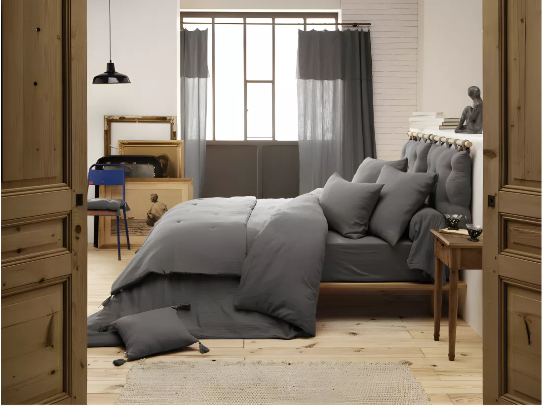 Parure de draps Gaze de Coton - Gaïa Granit - 4 pièces 1 Drap plat 240 x 300 + 1 Drap housse 140 x 190 + 2 Taies 60 x 60