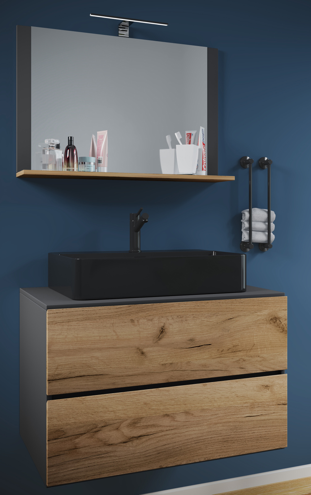 3-teiliges Badmöbel-Set LENDAS BL - Honig Eiche - anthrazit - 80 cm breit