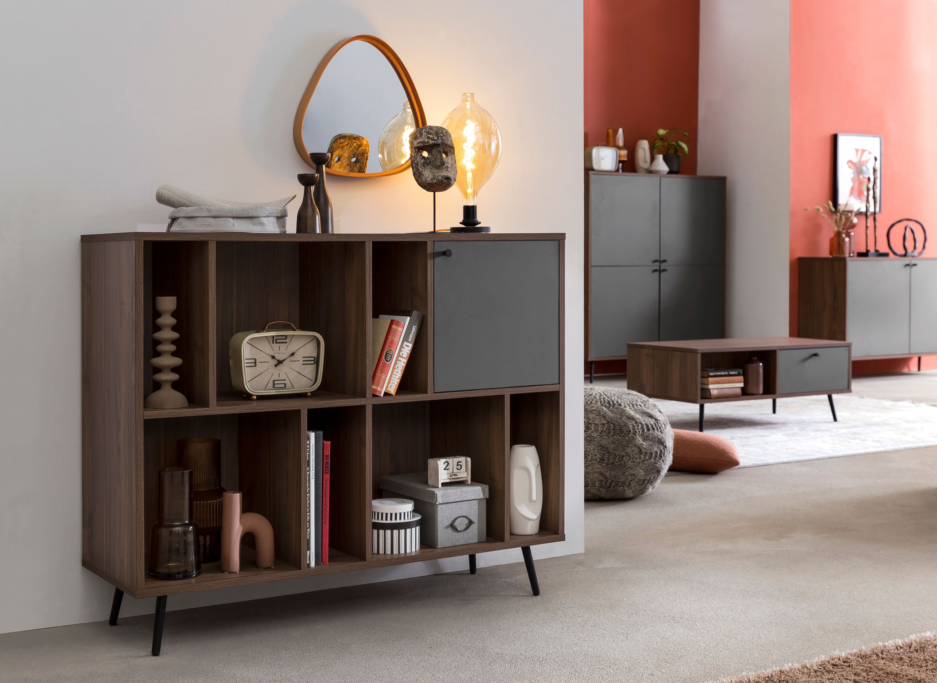 Bücherregal breit Walnuss Grau Standregal Wohnzimmer Regal
