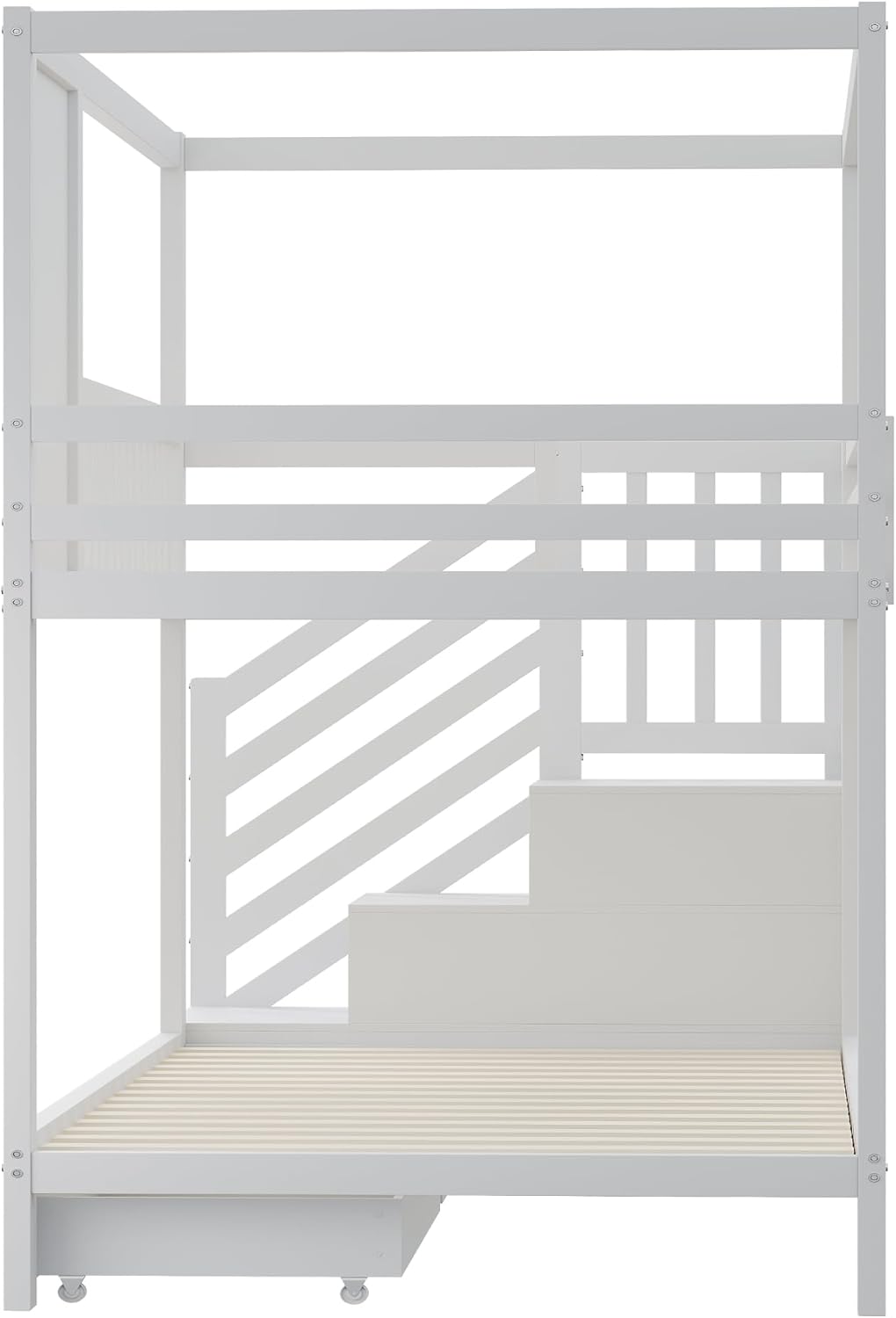 Etagenbett Kinderbett 90x200 für 2 Kinder, Hausbett Hochbett mit Treppe & 2 Stauraum Schubladen, Holzbett Bettgestell mit Rausfallschutz und Lattenrost, Kiefer Rahmen, Ohne Matratze (Weiß)