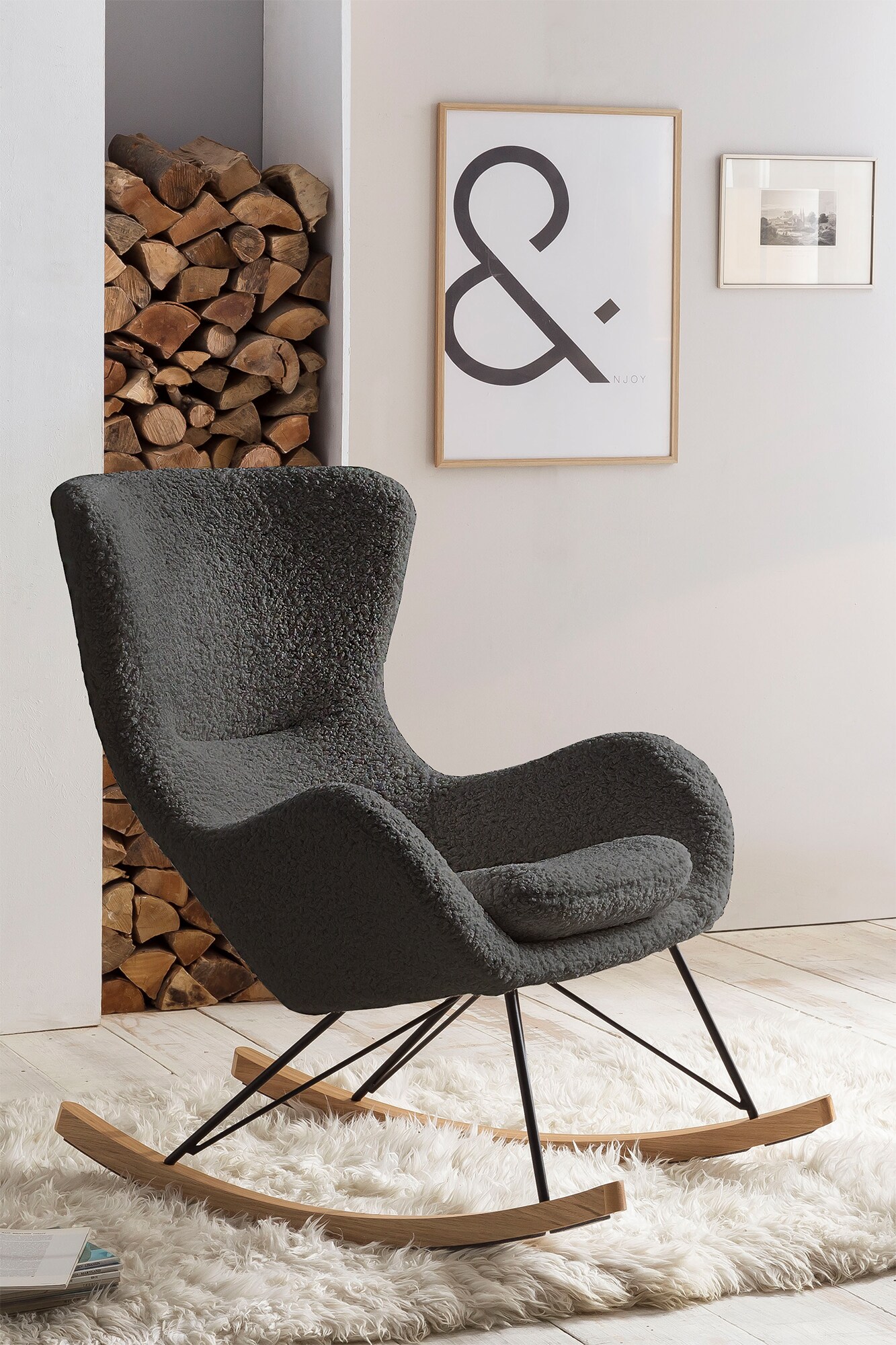 Schaukelstuhl Teddyfell Dunkelgrau Relaxsessel Polstersessel Loungesessel