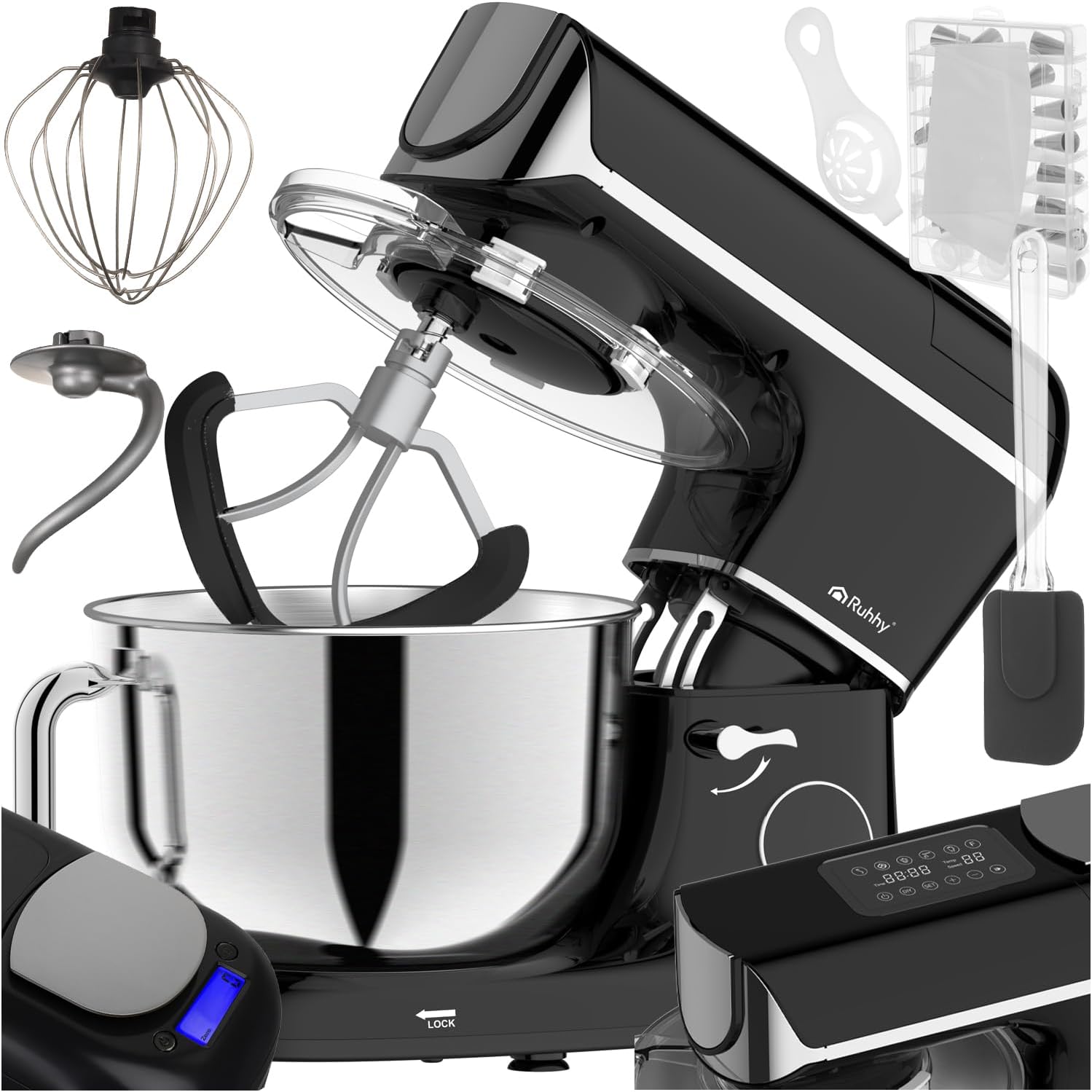 Küchenmaschine mit beheizbarer Rührschüssel 5,5L – RUHHY Teigmaschine mit integrierter Waage, Timer & Display – 11 Stufen, leise & leistungsstark – für Brot, Pizza & Kuchen