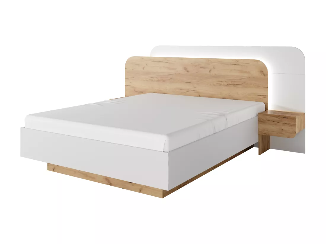 Lit avec chevets 160 x 200 cm - Avec LEDs - Coloris : Naturel et blanc + Sommier - DESADO