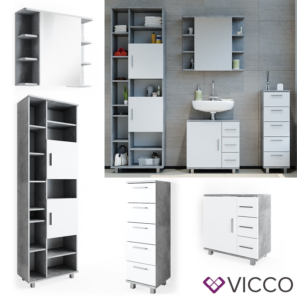 VICCO Badmöbel Set ILIAS Weiß Beton Bad Spiegel Kommode Unterschrank Badschrank