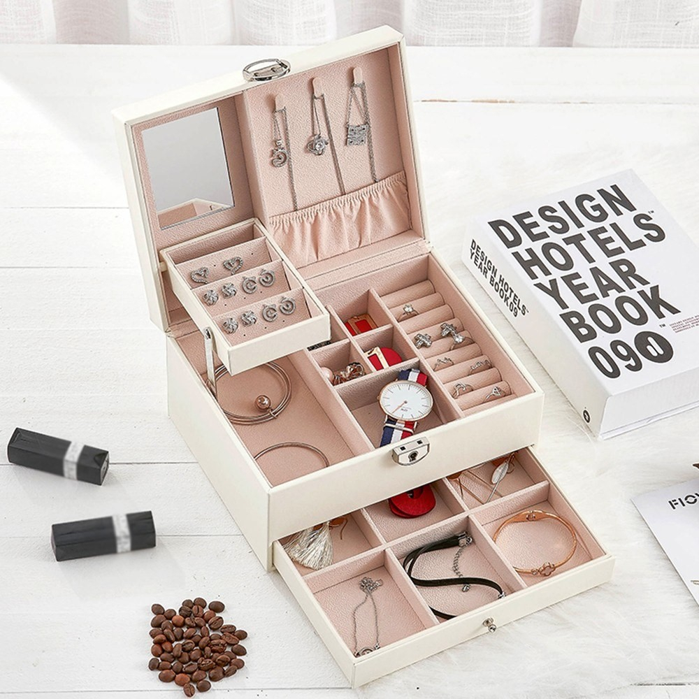 (22.5x17x12cm) Leder Schmuckschatulle Aufbewahrungsbox Organizer für Ringe / Ohrringe / Armbänder - Schwarz