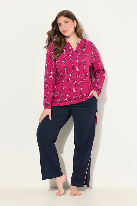 Pyjama, floraler Druck, V-Ausschnitt, Langarm