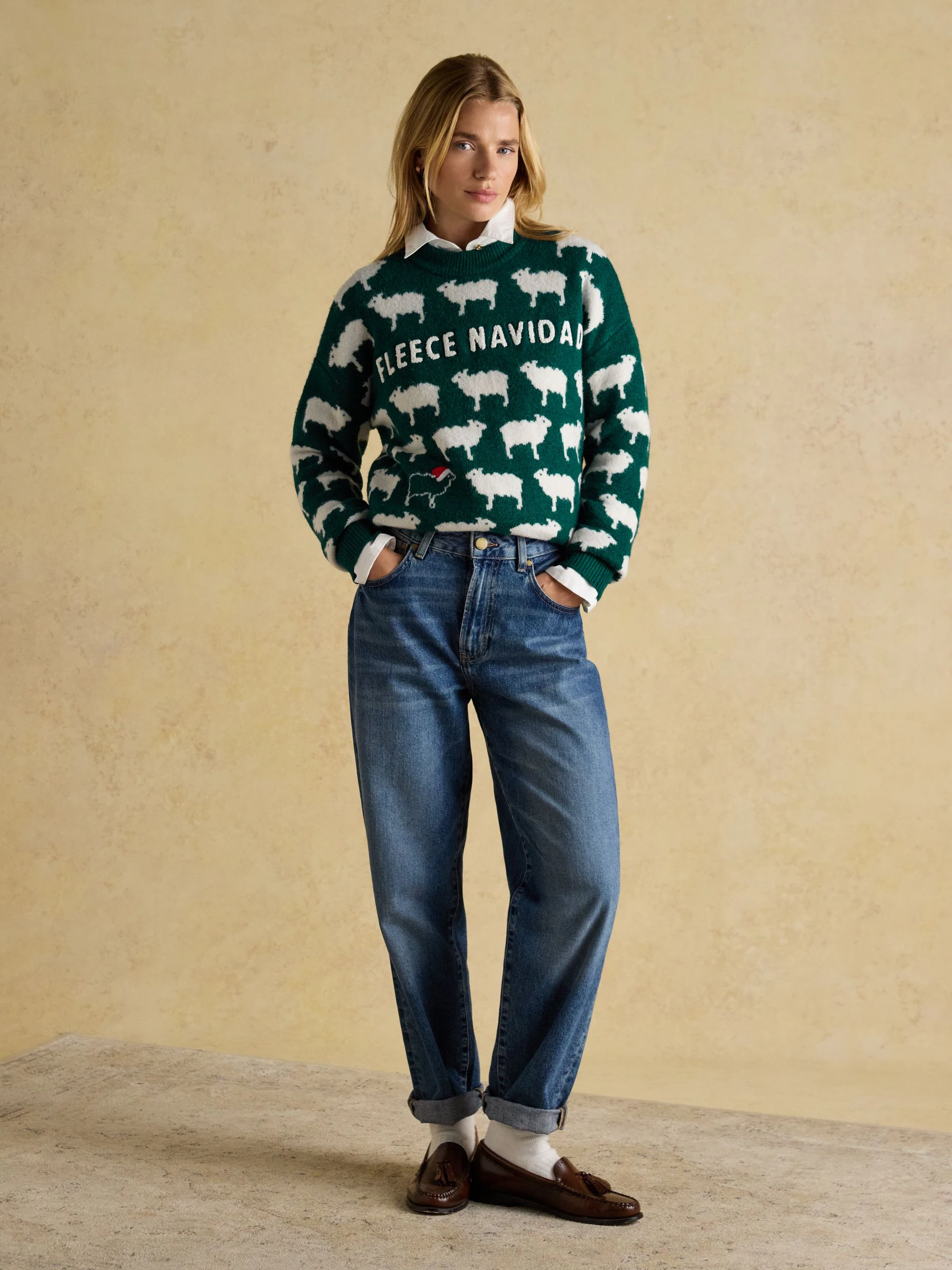 Groene Fleece Navidad Kerst - Joules Gebreide Trui met Ronde Hals