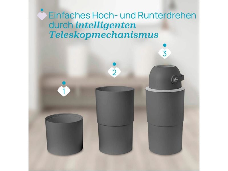 Chicco Windeleimer Odour Off XL Stone 45 l Steingrau Teleskop Windeleimer inkl. 1 Pack Müllbeutel